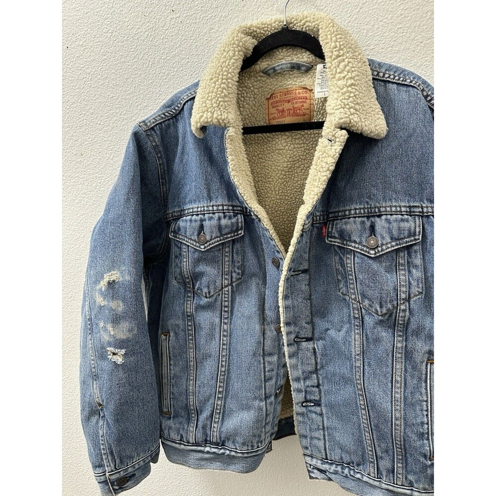Levis Standard Trucker 70520 Jacket Mens L Sherpa Blue Denim Fit Button Front
